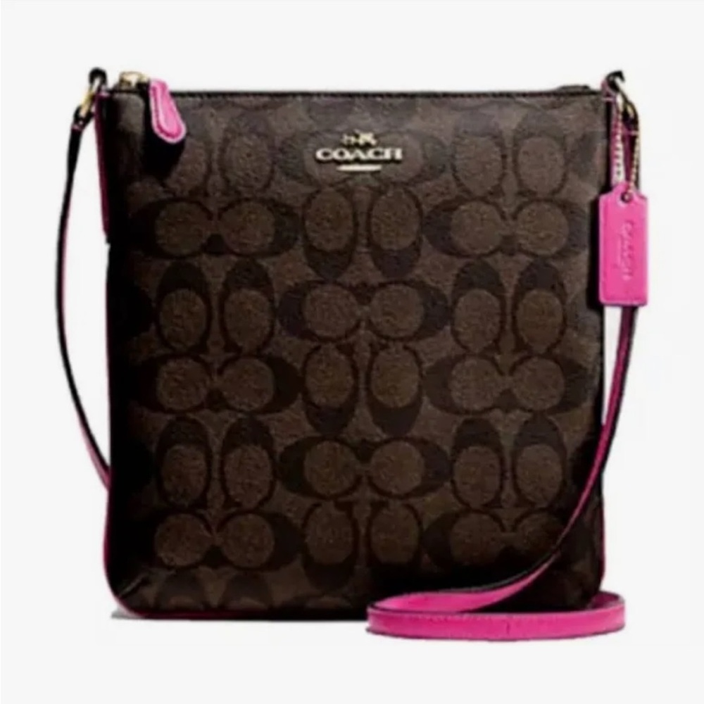 Coach North/South Crossbody Bag - Brown with Raspberry Accents